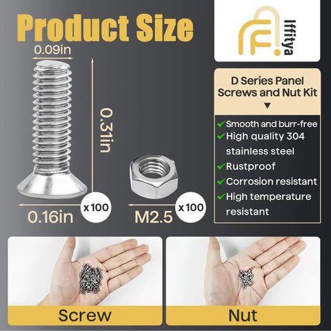 Heavy Duty D Series Panel Screws And Nuts Kit For Audio Server Racks featuring a stainless steel screw and nut sizes displayed.