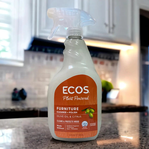 Eco Friendly Furniture Polish With Olive And Orange Oils For Wood Formica Particle Board And Vinyl Surfaces Gently Lifts Fingerprints Smudges And Dirt 22 Oz spray bottle on kitchen counter