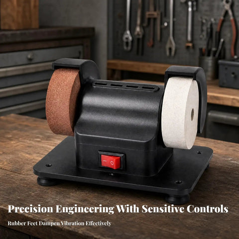 No Nonsense Benchtop Grinding Machine With Twin Wheel Sharpening And Polishing Pure Copper Motor Stable Rubber Base A Rock Solid Shop Dog For Daily Garage And Workshop Use on wooden workbench.
