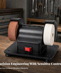 Heavy Gauge Dual Wheel Benchtop Rig With Pure Copper Motor placed on workbench for polishing and sharpening tools.