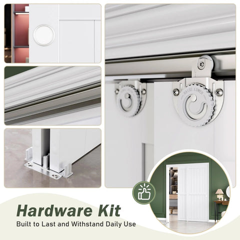 Sliding Closet Doors 60x80 Inches With White Bypass Barn Door Hardware Kit showing detailed hardware and installed view