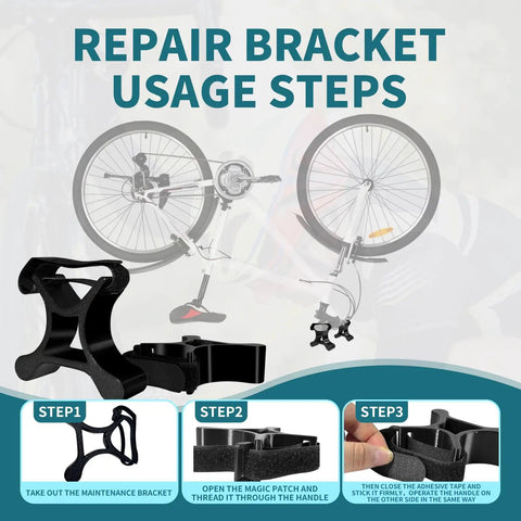 Instruction diagram for Six Piece Portable Bike Repair Stand Kit For Bicycles And E Bikes On The Go With brackets in use.