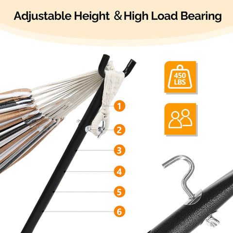 Heavy Duty Hammock Stand 450 Lbs Capacity, Adjustable Steel Frame For Indoor Outdoor Use, with height settings and hooks.