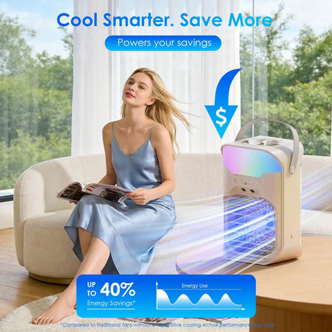 Chill Anywhere With This Dual Nozzle Portable Evaporative AC in a living room with a woman reading, highlighting energy savings.
