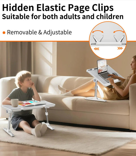 Adult and child using Adjustable Bedside Laptop Desk With Height And Angle Adjustments on a couch, showing multiuse design.