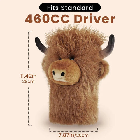Totally Funny Curly Highland Cow Golf Driver Headcover Plush for 420 460cc Drivers, showing size dimensions and design details