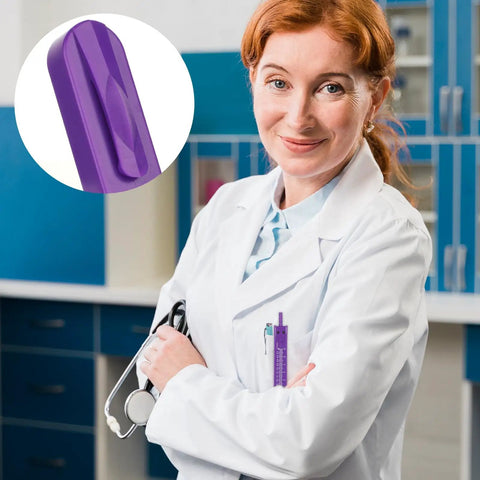 Must Have ECG Caliper For Nurses And Doctors A Pro Grade Stainless Steel Electrocardiogram Divider With Ruler To Measure EKG Wave Segments, Protective Cover, Purple Finish For Medical Students And Healthcare Pros, doctor holding purple ECG caliper
