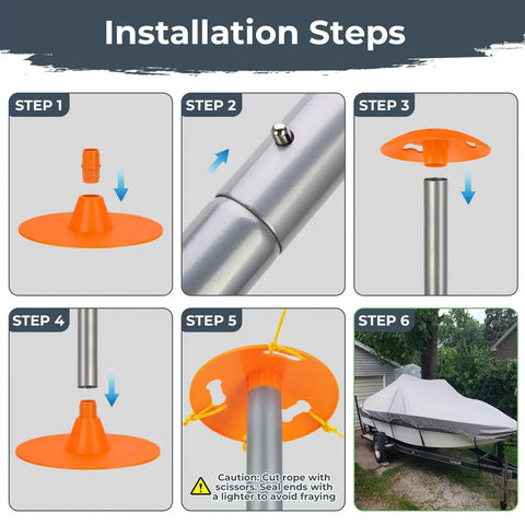 Installation steps for Boat Cover Support Poles With Anti-UV Ropes And 9-Inch ABS Base, highlighting pole assembly and use.