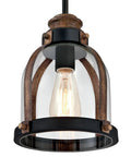 Cindy Mini Pendant Light in oil rubbed bronze with hand blown seeded glass shade and barnwood accents, front view