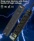 Two Pack Surge Protector Power Strips With 10 Foot Heavy Duty Extension Cord, Five Widely Spaced Outlets And Three USB Ports (One USB C) shown with internal circuitry and lightning in the background.