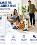 Man vacuuming living room with upright vacuum from 5 Piece Microfilter Replacement Kit For Windsor Sensor S12 S15 XP SR Series And Sebo Automatic X Series Essential G1 G2 Upright Vacuums Micro Hygiene Filter 5301 5036ER emphasis on air quality