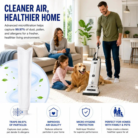Man vacuuming living room with upright vacuum from 5 Piece Microfilter Replacement Kit For Windsor Sensor S12 S15 XP SR Series And Sebo Automatic X Series Essential G1 G2 Upright Vacuums Micro Hygiene Filter 5301 5036ER emphasis on air quality