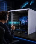 28 Inch Foldable Soundproof Desktop Booth For Sweet Vocal Trax And Podcast Recording Featuring No Fuss Quick Snap Setup in use with a microphone and headphones.