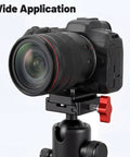 Camera mounted on a tripod head, showcasing adjustable red knob for secure positioning and wide application.