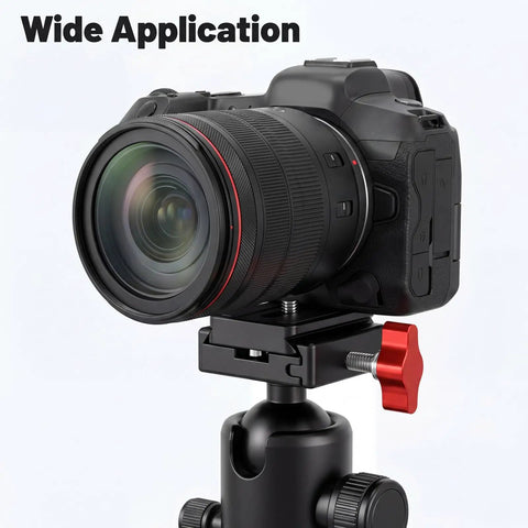 Camera mounted on a tripod head, showcasing adjustable red knob for secure positioning and wide application.