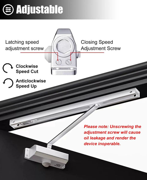 Adjustable Universal Hands Free Automatic Door Closer With Hydraulic System for High Traffic Doors, adjustment screws shown