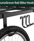 Close-up of Beefy Heavy Duty Overhead Garage Ceiling Storage Hooks Four Pack Add On Rail Hook Accessory holding bike.
