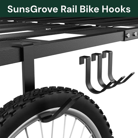 Close-up of Beefy Heavy Duty Overhead Garage Ceiling Storage Hooks Four Pack Add On Rail Hook Accessory holding bike.