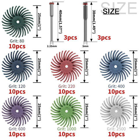 76 Piece Pro Grade Mini Bristle Disc Kit for Rotary Tools with 2.35mm and 3mm mandrels, various grits and sizes shown.