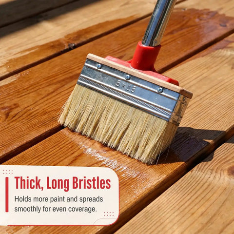6 Inch Deck Stain Brush With 77 Inch Extendable Handle And 3 Inch Paint Brush Set for Wood Fence and Wall in use on deck
