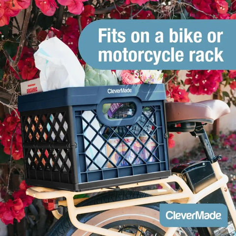 Heavy Duty Collapsible Milk Crate 25L Six Point Six Gal, Foldable Storage Crate With File Rails on bike rack