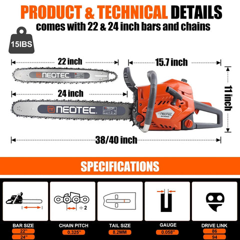 Heavy Hitter 68cc Gas Chainsaw with 22 and 24 inch bars, 2 cycle engine, technical specifications and dimensions shown.