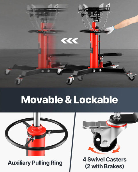 Half Ton Hydraulic Transmission Jack With 1100 Lb Capacity, 33.5 To 67 Inch Lift Range, 2 Stage Telescoping Design, Foot Pedal Release, 360 Degree Swivel Wheels, Car And Light Truck Transmission Lift, Red