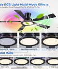 52 Inch Flush Mount Ceiling Fan With Built In Rgb Lights And Dimmable Warming Glow Featuring Brushless Reversible Motor With Six Adjustable Speeds And Low Profile Slim Frame showing RGB light modes and natural light effect.