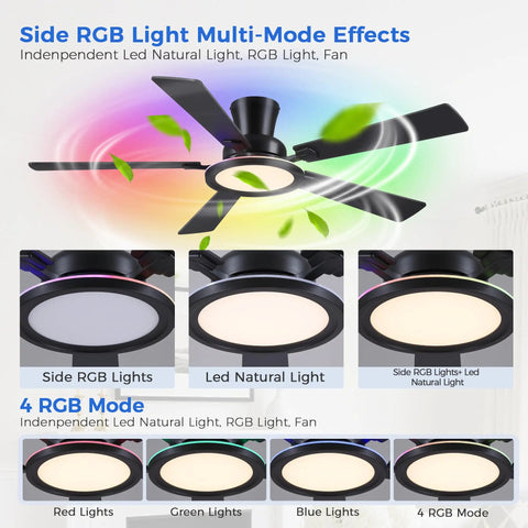 52 Inch Flush Mount Ceiling Fan With Built In Rgb Lights And Dimmable Warming Glow Featuring Brushless Reversible Motor With Six Adjustable Speeds And Low Profile Slim Frame showing RGB light modes and natural light effect.