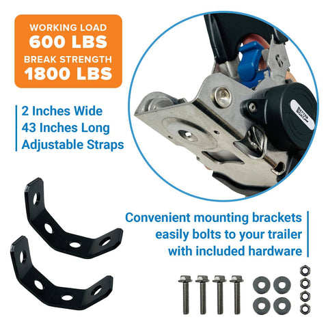 Beefed Up Stainless Steel Heavy Duty Retractable Ratchet Straps Set, 2 Inch By 43 Inch, Includes 2 Transom Tie Downs and hardware