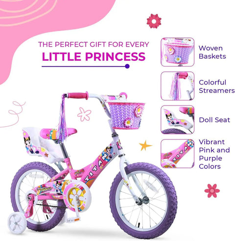 Girls 16 Inch BMX Bike With Training Wheels, Utility Basket And Streamers, Pink Kid Bike For Beginners Aged 4 To 9.