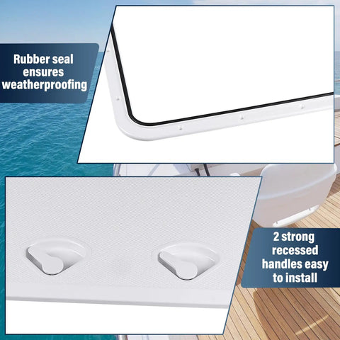 Detail of Heavy Duty ABS Marine Deck Hatch Built Tough For Weekend Warriors and Captain Crews with rubber seal and handles.
