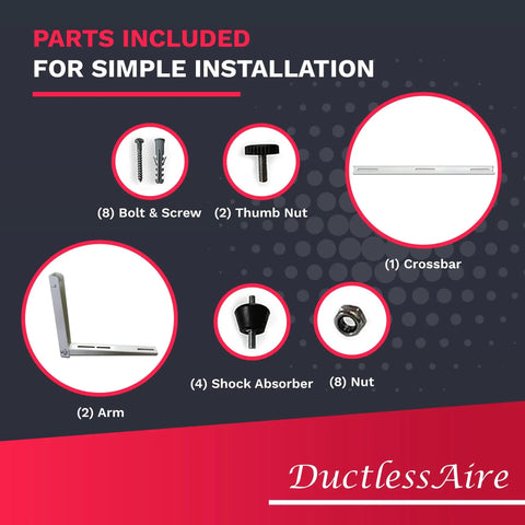 Parts included for Outdoor Wall Mount Bracket For Mini Splits 9000 To 36000 BTU with bolts, screws, crossbar, and arm.