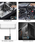Top Notch Handheld Endoscope Offering Hella Sharp 1080P HD Viewing On A Solid 4.3 Inch Display And Badass Semirigid Snake Inspection Borescope With Five Meter Cable IP67 Waterproof Android IOS Ready Setup, cleaning sink and car inspection.
