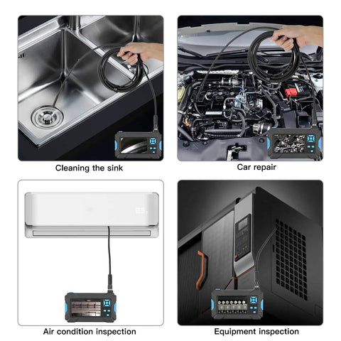 Top Notch Handheld Endoscope Offering Hella Sharp 1080P HD Viewing On A Solid 4.3 Inch Display And Badass Semirigid Snake Inspection Borescope With Five Meter Cable IP67 Waterproof Android IOS Ready Setup, cleaning sink and car inspection.