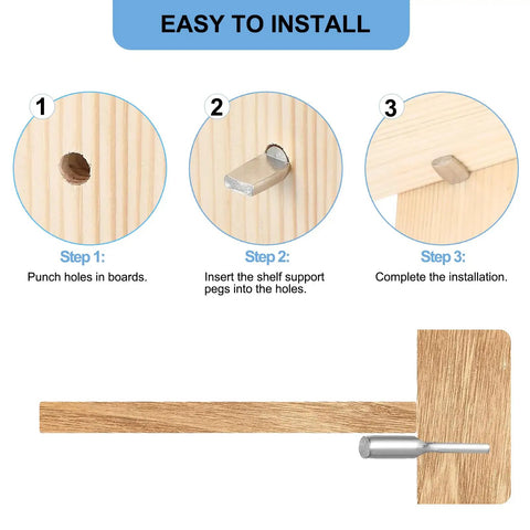 Step-by-step installation guide for 104 Piece Nickel Plated Shelf Support Pins for Kitchen Cabinets Bookshelves and Closets.