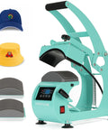 Hat Heat Press Machine For Caps With Two Interchangeable Platens 6.7x3.8 Inches And 6.7x2.5 Inches, Rigid Steel Frame No Stick Teflon Coated, Digital LCD Timer Temperature Control, Portable Desktop Design For Home And Small Business, shown with cap platens