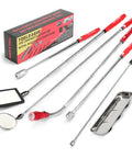 7 Piece Telescoping Magnetic Pickup Tool Set With Extendable LED Flashlight 360 Degree Round And Square Inspection Mirrors Ideal For Gearheads And DIY Handymen Red displayed with tools