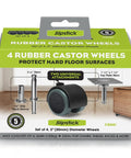 Packaging of 2 Inch Floor Protector Rubber Caster Wheels Set Of 4 With 5 Sixteenth Inch Stem Or Top Plate Mounting For Hard Floors.