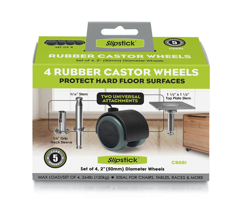 Packaging of 2 Inch Floor Protector Rubber Caster Wheels Set Of 4 With 5 Sixteenth Inch Stem Or Top Plate Mounting For Hard Floors.