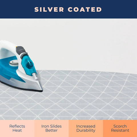 Silver-coated surface with an iron on a 13 Inch By 43 Inch Ironing Board Cover And Pad Extra Thick Heavy Duty Padded Scorch And Stain Resistant