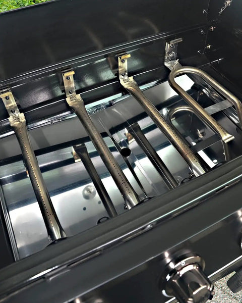 Grease Tray With Catch Pan For Gas Grills, Adjustable Stainless Drip Pan Fits 24 To 30 Inch Grill Width shown inside grill.