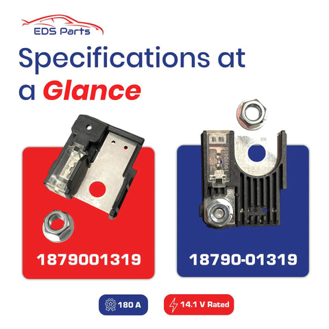 Real Deal 180 Amp Automotive Battery Fuse 18790 01319 showcasing two fuses with specifications for Hyundai Kia models.