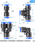 Push To Connect Pneumatic Fittings Kit 12mm OD 20 Piece Set With 5 Splitters 5 Elbows 5 Tees And 5 Straights diagram labeled dimensions