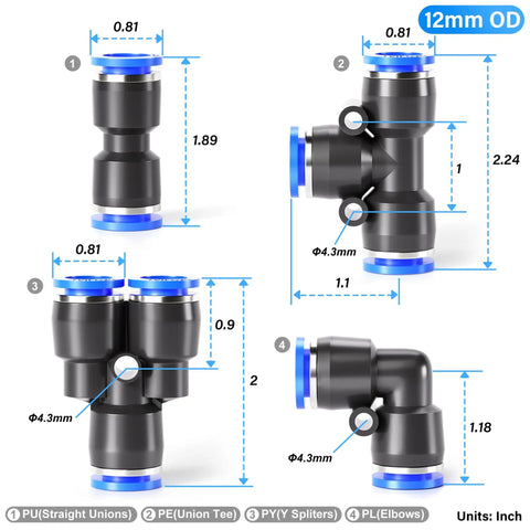 Push To Connect Pneumatic Fittings Kit 12mm OD 20 Piece Set With 5 Splitters 5 Elbows 5 Tees And 5 Straights diagram labeled dimensions