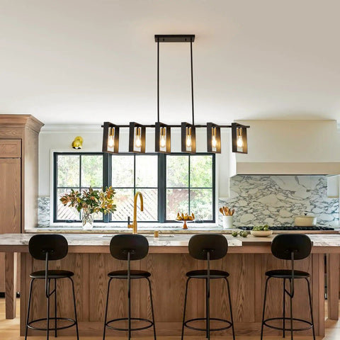 Six Light Modern Farmhouse Kitchen Island Pendant Light With Black Metal Frames And Wood Accents Big 50 Inch Chandelier in kitchen