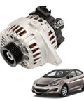 Beefy 90 Amp High Output Alternator Replacement For Hyundai Elantra Elantra Coupe GT Forte Koup Forte5 Soul 2011 To 2017 1.8L And 2.0L L4 Engines Compatible With 37300 2E200 11610N 2610428. Alternator with pulley shown alongside Hyundai sedan.