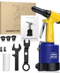 Heavy Duty Pneumatic Rivet Gun With Four Swappable Nozzles For Aluminum Steel Iron Fasteners with accessories and manual