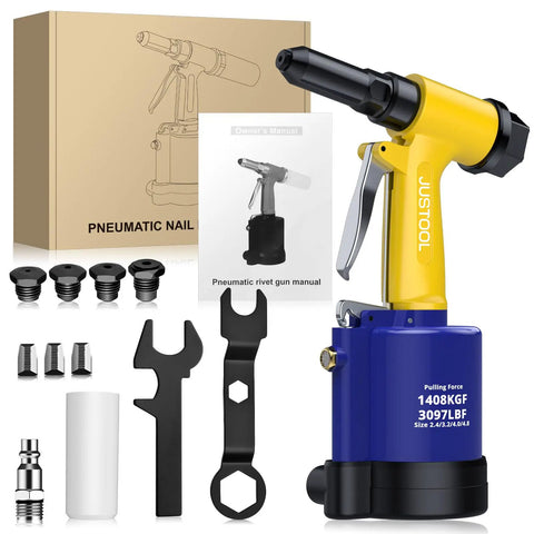 Heavy Duty Pneumatic Rivet Gun With Four Swappable Nozzles For Aluminum Steel Iron Fasteners with accessories and manual