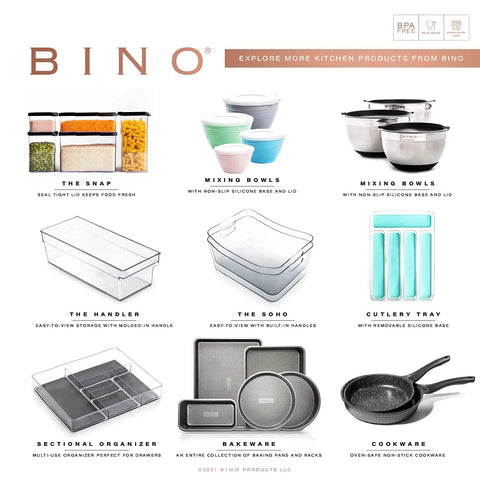 Collage of BINO kitchen products including food storage containers, mixing bowls, and bakeware.